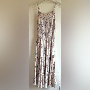 Mimi Chica Cream/Pink Floral Feminine Smocked Bodice Tiered Midi Sun Dress Sz M